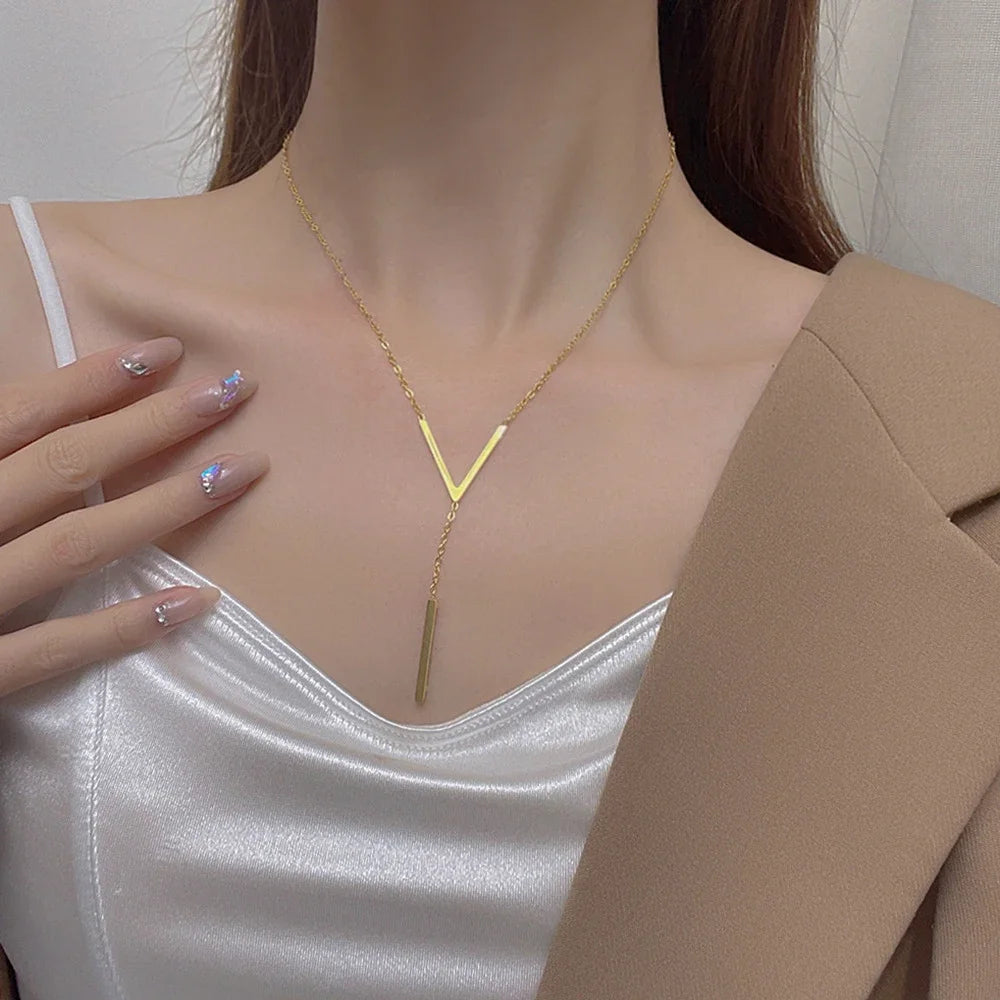New V-shaped Long Sexy Gold Colour Chain Necklace