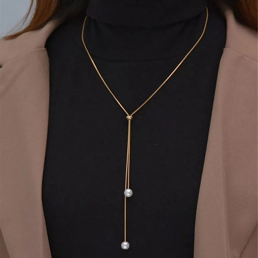 Elegant Gold Color Pearl Necklace with Tassel Design