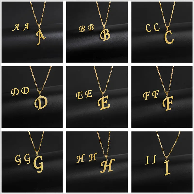 Chic A-Z Letters Charm Initial Necklace and Stud Earrings Sets