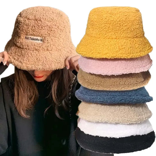 Thicken Lamb Bucket Hat Winter Plush Wool Warm Flat